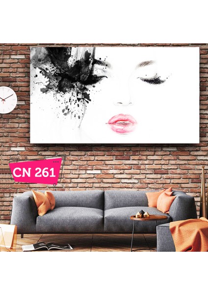 Siyah Kirpikli Kırmızı Rujlu Kadın Kanvas Tablo / Salon Dekorasyonu