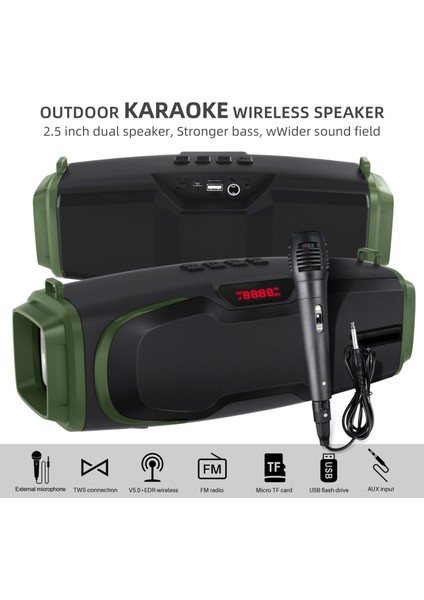 NR-6012M Taşınabilir Açık Karaoke Kablosuz Bluetooth Hoparlör Yeşil (Yurt Dışından)