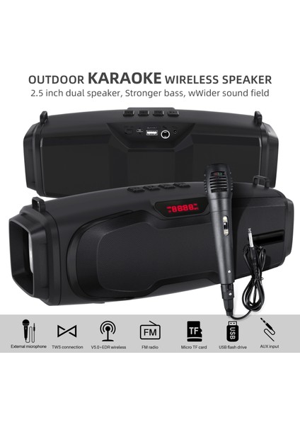 NR-6012M Taşınabilir Açık Karaoke Kablosuz Bluetooth Hoparlör Siyah (Yurt Dışından)