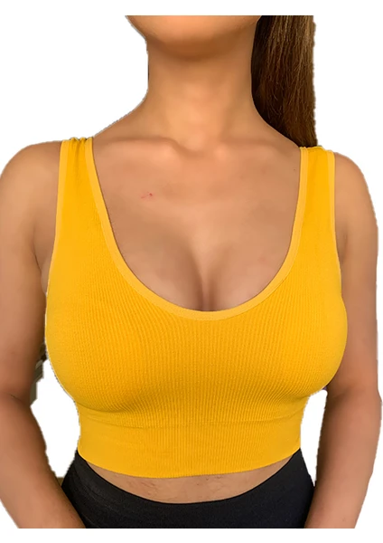 Secret Moda Destekli Seamless Fitilli Kalın Askılı Crop  Büstiyer Hardal