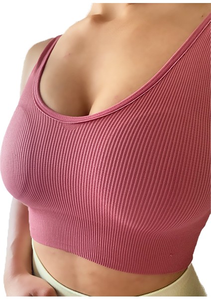 Destekli Seamless Fitilli Kalın Askılı Crop Büstiyer Pudra