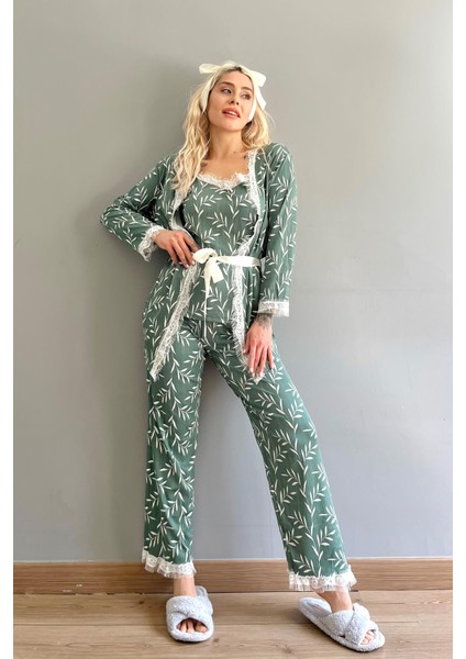 Yeşil Zeytin Dalı Desenli Sabahlıklı Pegasus Pijama Takımı indirimleri