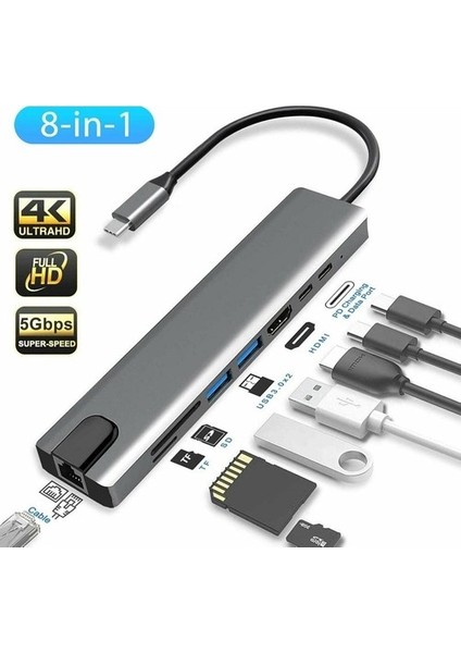 Macbook Pro Air Uyumlu USB Type-C Hub Dönüştürücü Çevirici Çoklayıcı USB Hdmı Micro Sd 8 Girişli