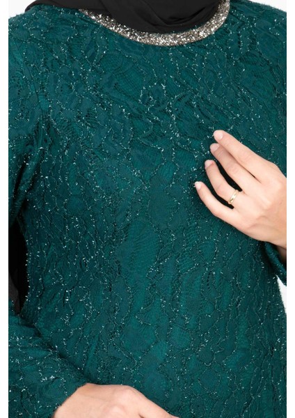 Taş Işleme Detaylı Simli Abiye Petrol MDA2167 modelleri