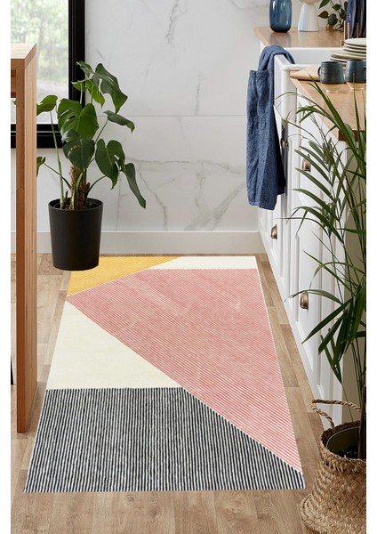 Dijital Baskılı Kaymaz Taban Yıkanabilir Pembe Hardal Detaylı Çizgili Salon HALI-YOLLUK-D4005