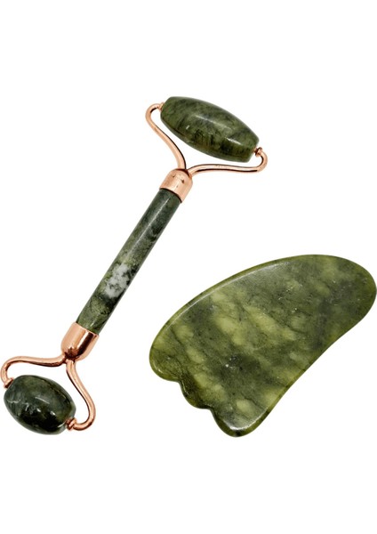 Yeşim Masaj Taşı Roller ve Yeşim Taşı Gua Sha (Bebek Ayağı Tasarımlı) Set