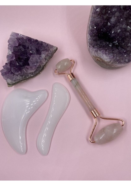 Pembe Kuvars Face Roller ve Gua Sha Masaj Aleti 3lü Set
