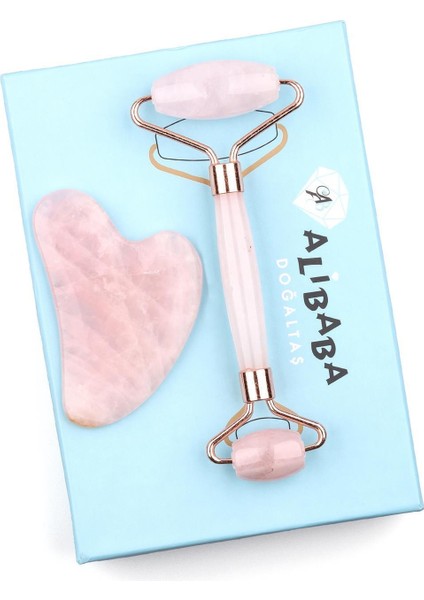 Pembe Kuvars Doğal Taş 2’li Özel Kutulu Set Face Roller + Gua Sha Masaj Taşı