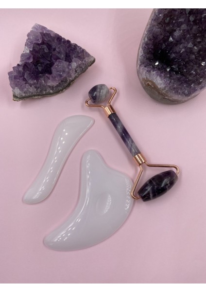 Ametist Face Roller ve Guasha Masaj Aleti 3lü Set