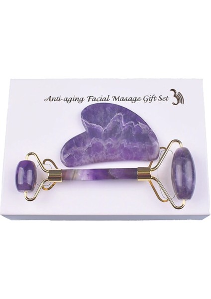 Ametist Gua Sha Taşı Masaj Aleti ve Face Roller 2'li Masaj Seti 1. Sınıf Kutulu