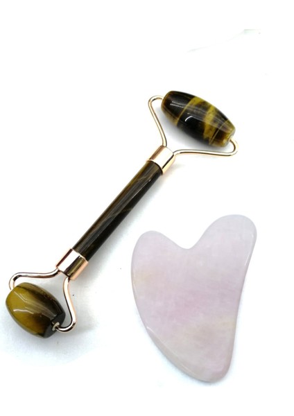 Kaplan Gözü Masaj Taşı Roller ve (1. Sınıf)Pembe Kuvars Gua Sha Takım