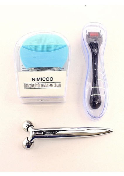 Masaj Seti Titreşimli Yüz Temizleme Cihazı, Yüz Masaj Aleti ve Dermaroller Set 0.5 mm