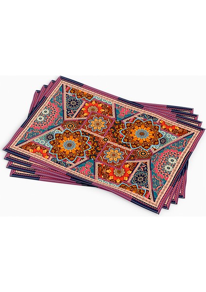 Kahverengi Çok Renkli Etnik Vintage Desenli Dijital Baskılı Amerikan Servisi 4'lü Set OTYK450-AS