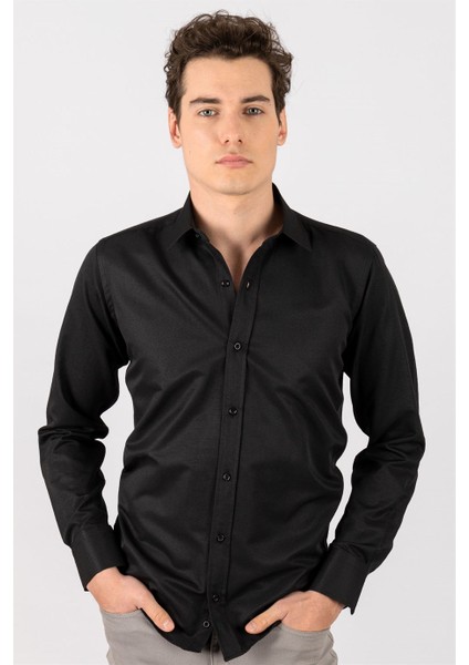 Modern Slim Fit Dar Kesim Armürlü Erkek Gömlek