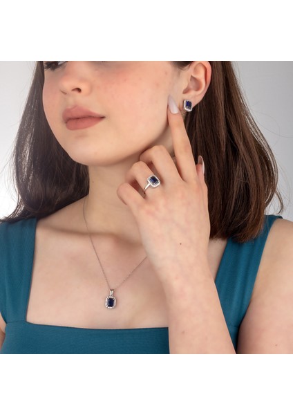 925 Ayar Gümüş Safir Kare Kolye Küpe Yüzük Takı Seti