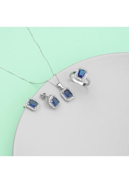 925 Ayar Gümüş Safir Kare Kolye Küpe Yüzük Takı Seti fiyatları