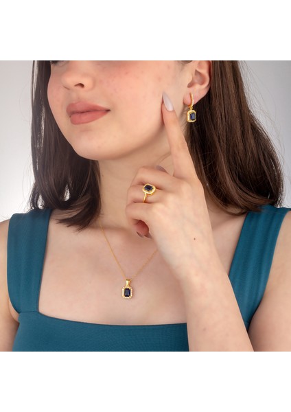 925 Ayar Gümüş Safir Model Baget Kolye Küpe Yüzük Takı Seti