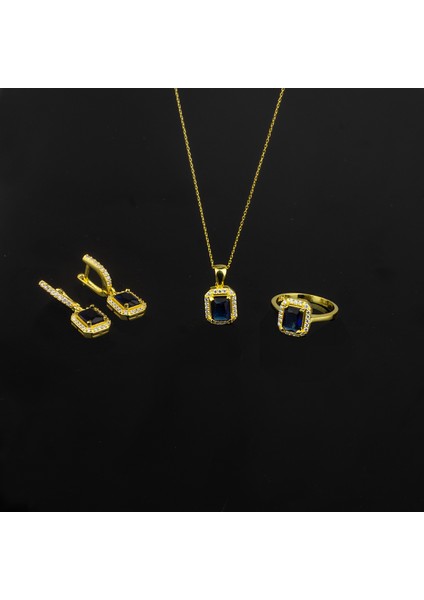 925 Ayar Gümüş Safir Model Baget Kolye Küpe Yüzük Takı Seti fiyatları