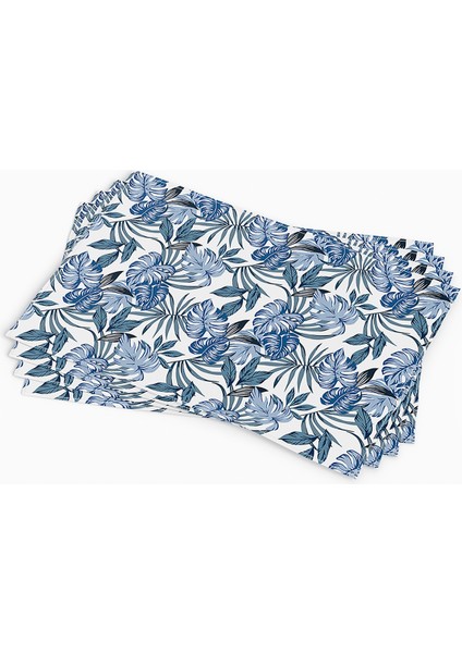 Mavi Beyaz Tropikal Yaprak Desenli Dijital Baskılı Amerikan Servisi 4'lü Set CGH020-AS