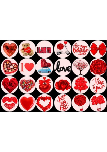 Kırmızı Aşk Temalı Yuvarlak Sticker (4x4 cm 24 Adet)