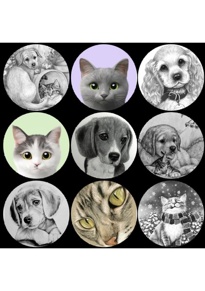 Kedili ve Köpekli Yuvarlak Sticker (4x4 cm 24 Adet)