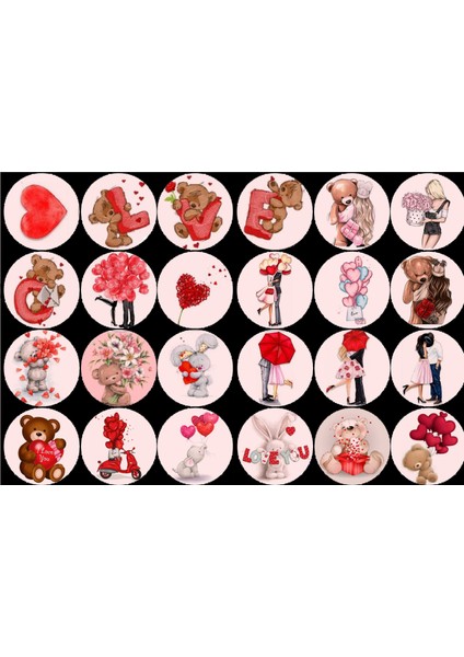 Kırmızı Aşk Temalı Yuvarlak Sticker (4x4 cm 24 Adet)