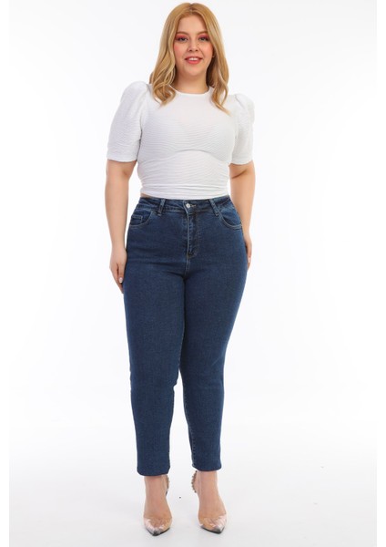 Kadın Büyük Beden Yüksek Bel Full Likralı Kar Yıkama Mom Jeans Kot Pantolon