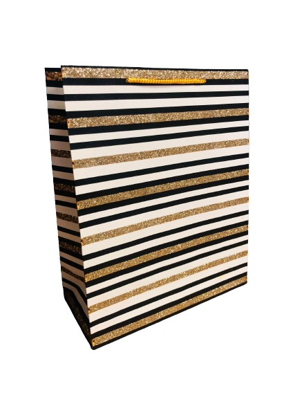 Karton Çanta Şerit Modeli Gold Siyah 32CM x 26CM - 1 Adet