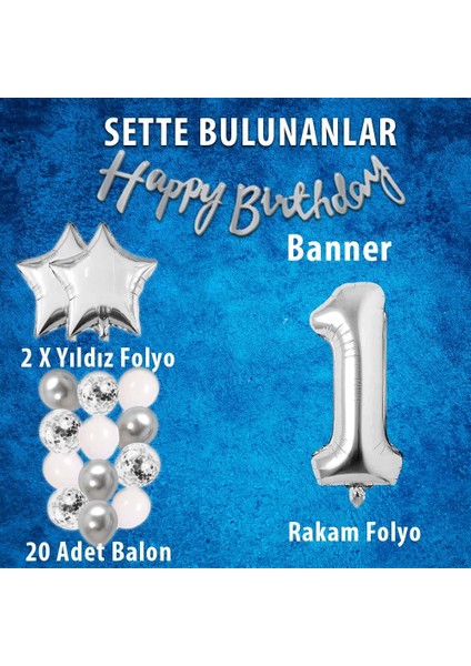 Patladı Gitti Gümüş Konsept 1 Yaş Doğum Günü Kutlama Seti Beyaz Gümüş Konfetili Balon Rakam Yıldız Folyo ve Banner