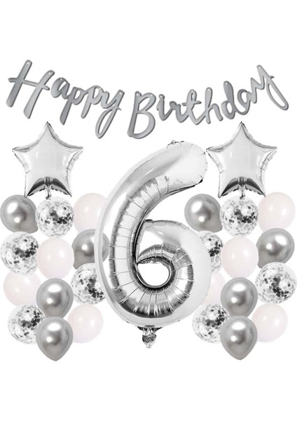 Gümüş Konsept 6 Yaş Doğum Günü Kutlama Seti Beyaz Gümüş Konfetili Balon Rakam Yıldız Folyo ve Banner