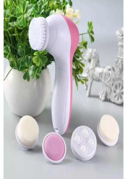 Beyaz Pembe Cilt Temizleme ve Masaj Aleti 5 Başlıklı