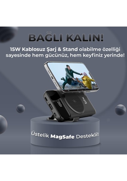 PB102 Stand Özellikli Led Göstergeli 10000 mAh Kablosuz + 2 Portlu MagSafe Uyumlu Powerbank