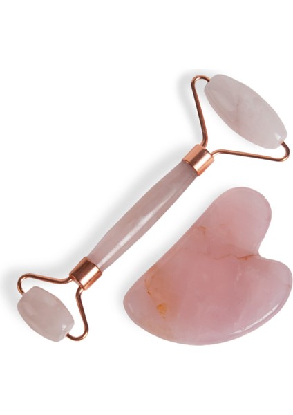 Pembe Kuvars Taş Face Roller ve Gua Sha Ikili Yüz Masajı Seti