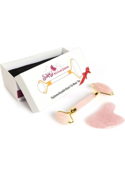 Özel Saklama Kutusunda Pembe Kuvars Roller ve Kalp Gua Sha Yüz Bakım Taşı Seti