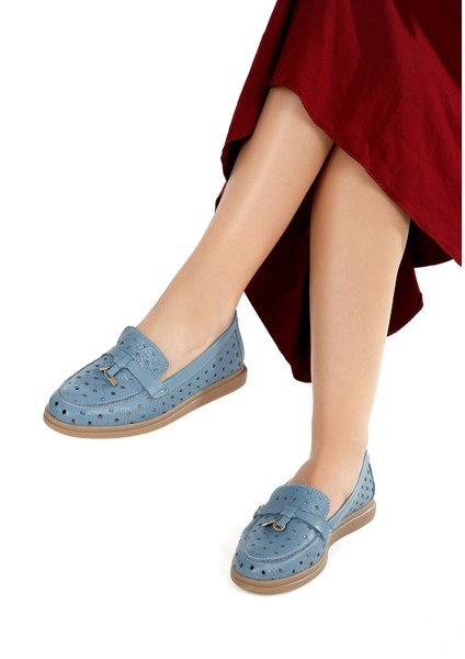 Viola Lazer Baskılı Ortopedik Hakiki Deri Kadın Ayakkabı Mavi