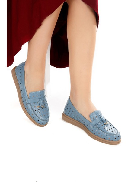 Viola Lazer Baskılı Ortopedik Hakiki Deri Kadın Ayakkabı Mavi modelleri