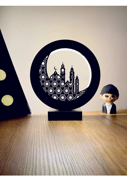 Ay ve Camii Siluet LED Masa Lambası Ahşap