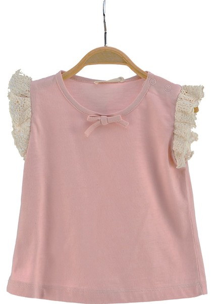 Kız Bebek Pembe Kolları Dantelli T-Shirt (6AY-4YAŞ)