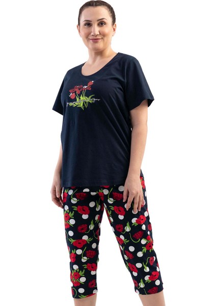 Pamuklu Büyük Beden Kısa Kol Kaprili Pijama Takım