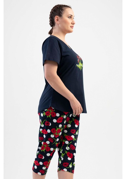 Pamuklu Büyük Beden Kısa Kol Kaprili Pijama Takım