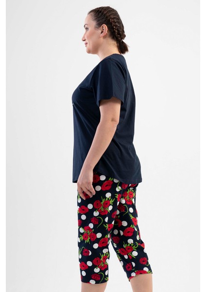 Pamuklu Büyük Beden Kısa Kol Kaprili Pijama Takım
