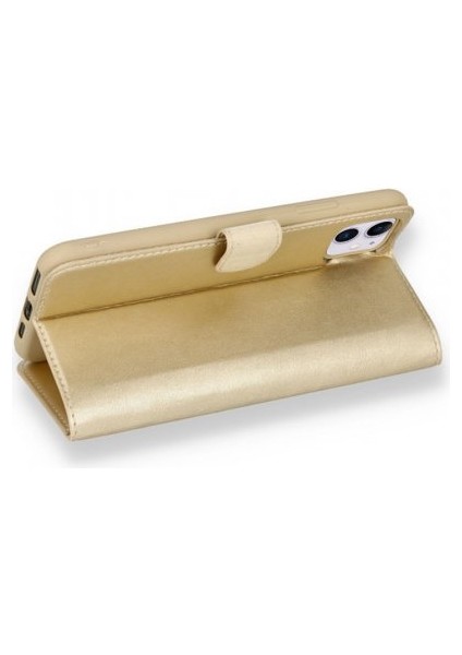 Apple iphone 13 6.1" Uyumlu Delüxe Kapaklı Standlı Cüzdanlı Suni Deri Kılıf Gold