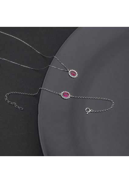 925 Ayar Gümüş Oval Yakut Model Kolye ve Bileklik Takı Seti