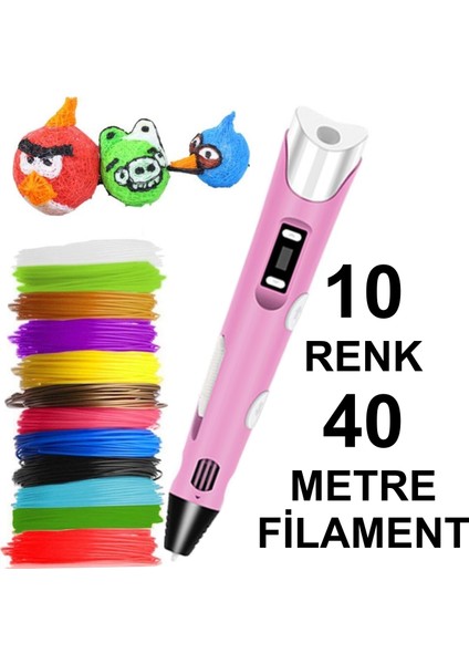 Pembe 3D Kalem Yazıcı+10 Renk 40 Metre (10X4METRE) Pla Filament