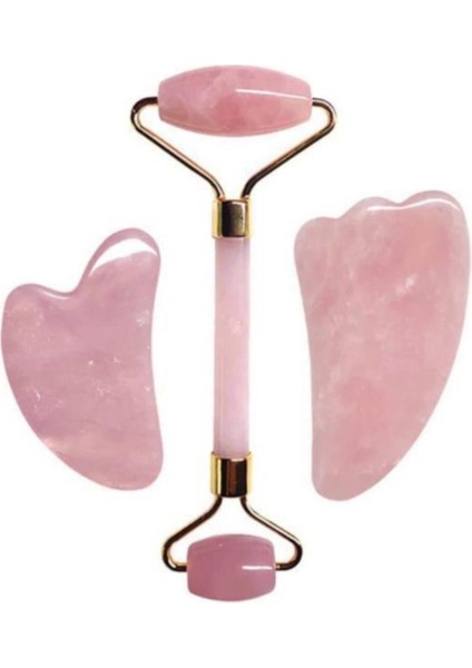 Özel Saklama Kutusunda Pembe Kuvars Roller ve 3'lü Gua Sha Seti