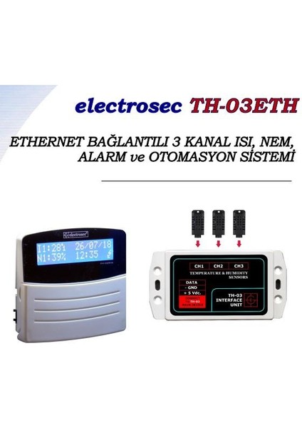 Th-03 Eth Web Tabanlı 3 Kanal Isı, Nem Ve Alarm Takip Sistemi +1 Prob + 16v Adaptör