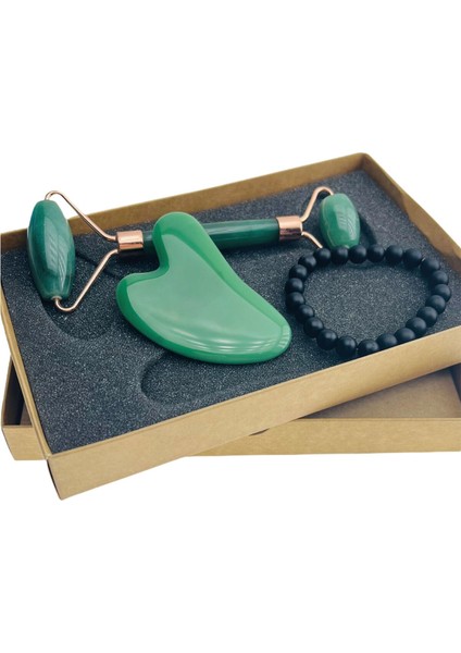 Aventurin Face Roller ve Aventurin Kalp Gua Sha Yüz Masaj Aleti Premium Set Bileklik Hediyeli