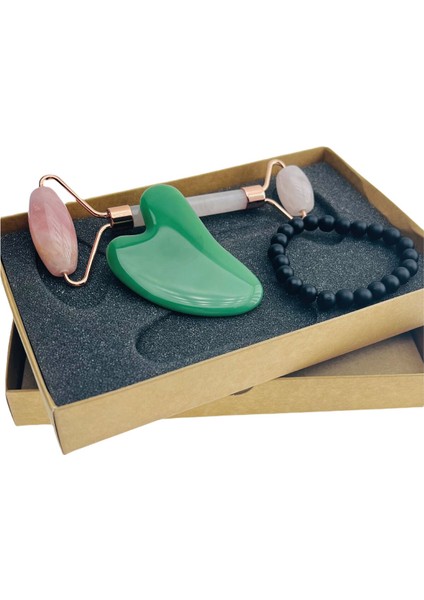 Pembe Kuvars Face Roller ve Aventurin Kalp Gua Sha Yüz Masaj Aleti Premium Set