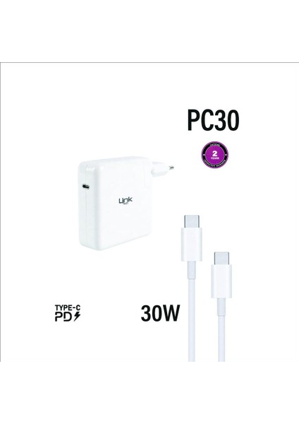 PC30 Safe Usb-C Pd 30W Type-C Çıkışlı Kablolu Set Şarj Aleti