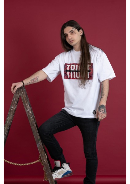 Oversize Bisiklet Yaka Baskılı Erkek Penye T-Shirt